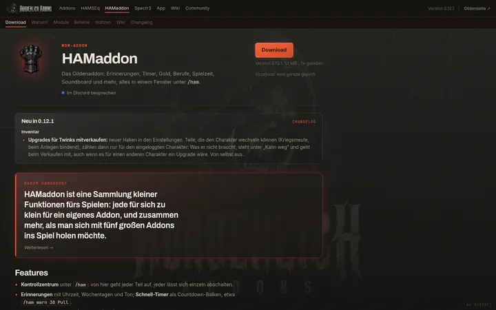 HAMaddon auf der Addon-Seite mit Download und Neuerungen