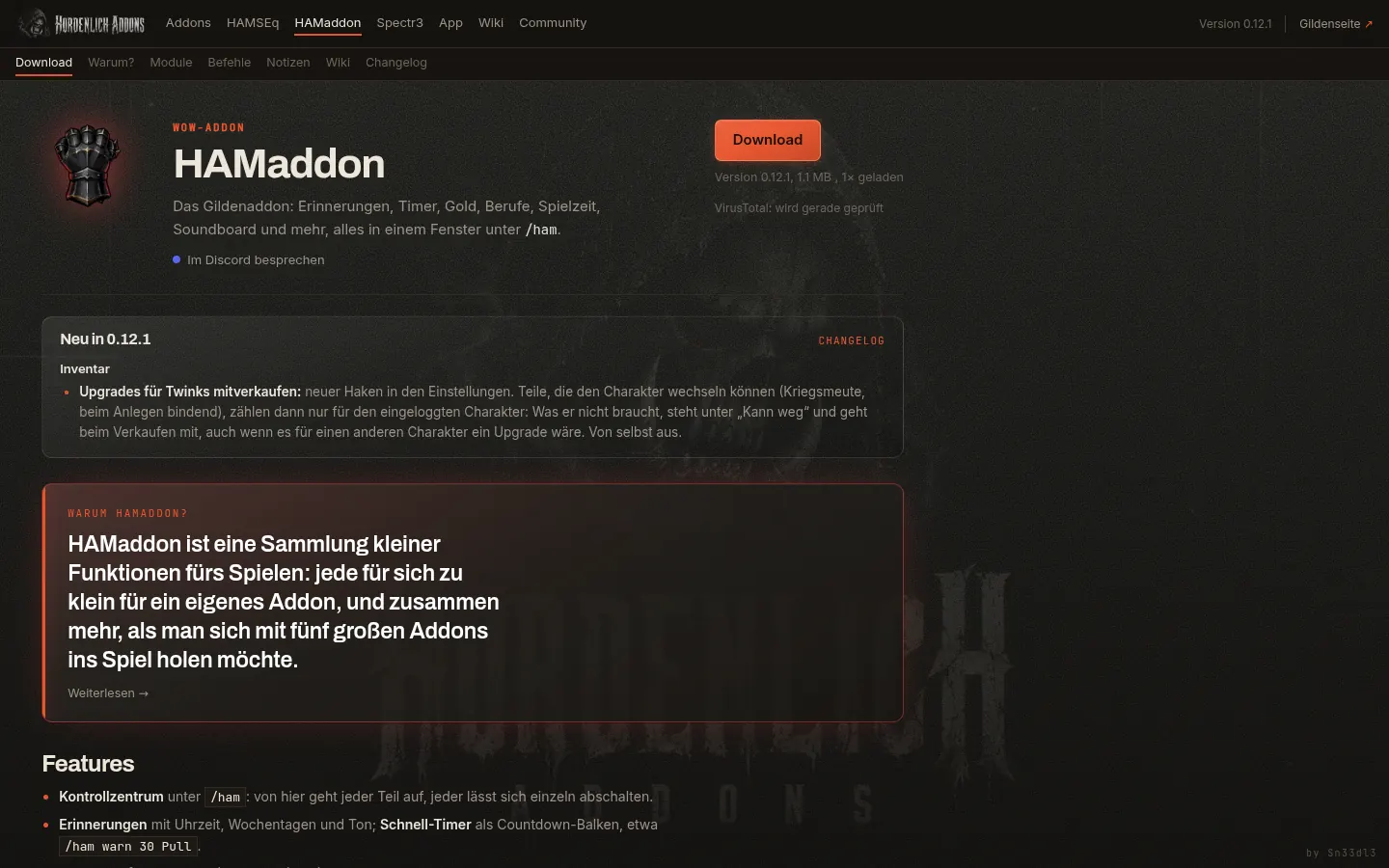 HAMaddon auf der Addon-Seite mit Download und Neuerungen