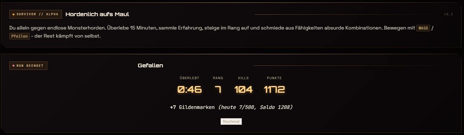 Abrechnung nach dem Lauf, mit Zeit, Rang, Abschüssen und Punkten