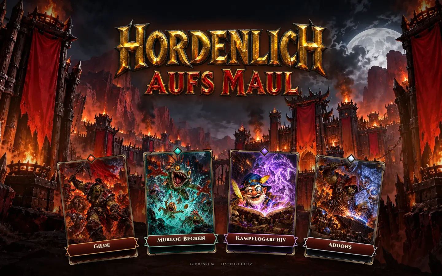 Startseite von Hordenlich mit gemalter Festung und vier Bereichskarten