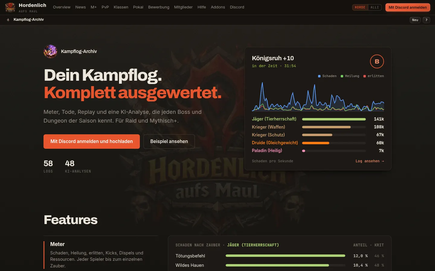 Startseite des Kampflog-Archivs mit Schadensverlauf und Auswertung eines Dungeons