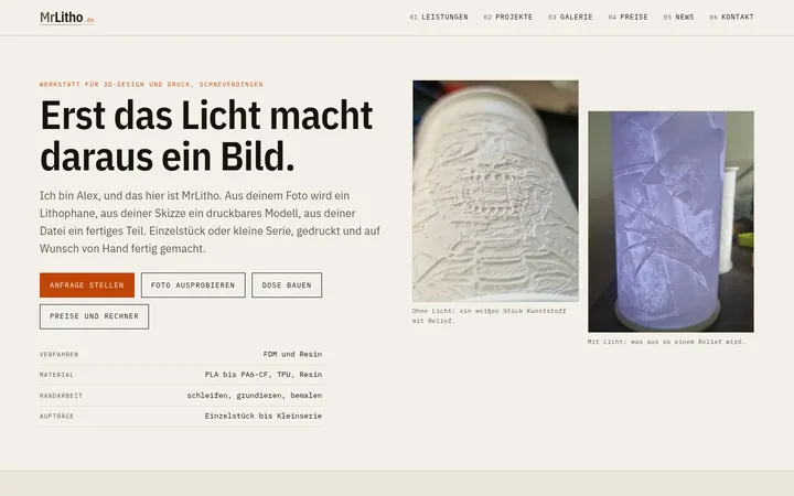 Startseite von MrLitho mit zwei Lithophanen