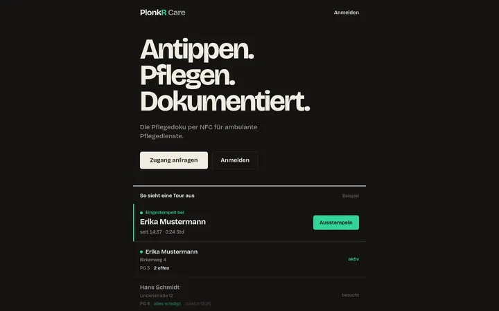 Startseite von PlonkR Care mit einer Beispieltour
