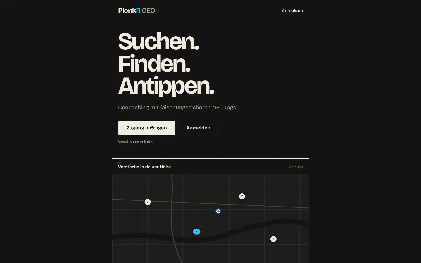 Startseite von PlonkR Geo mit einer Karte von Verstecken in der Nähe