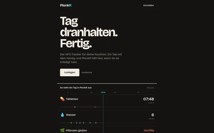 Startseite von PlonkR mit einem Tagesverlauf aus Routinen
