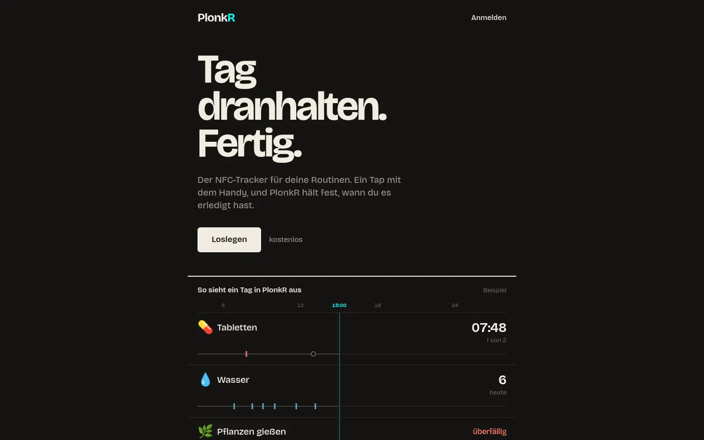Startseite von PlonkR mit einem Tagesverlauf aus Routinen