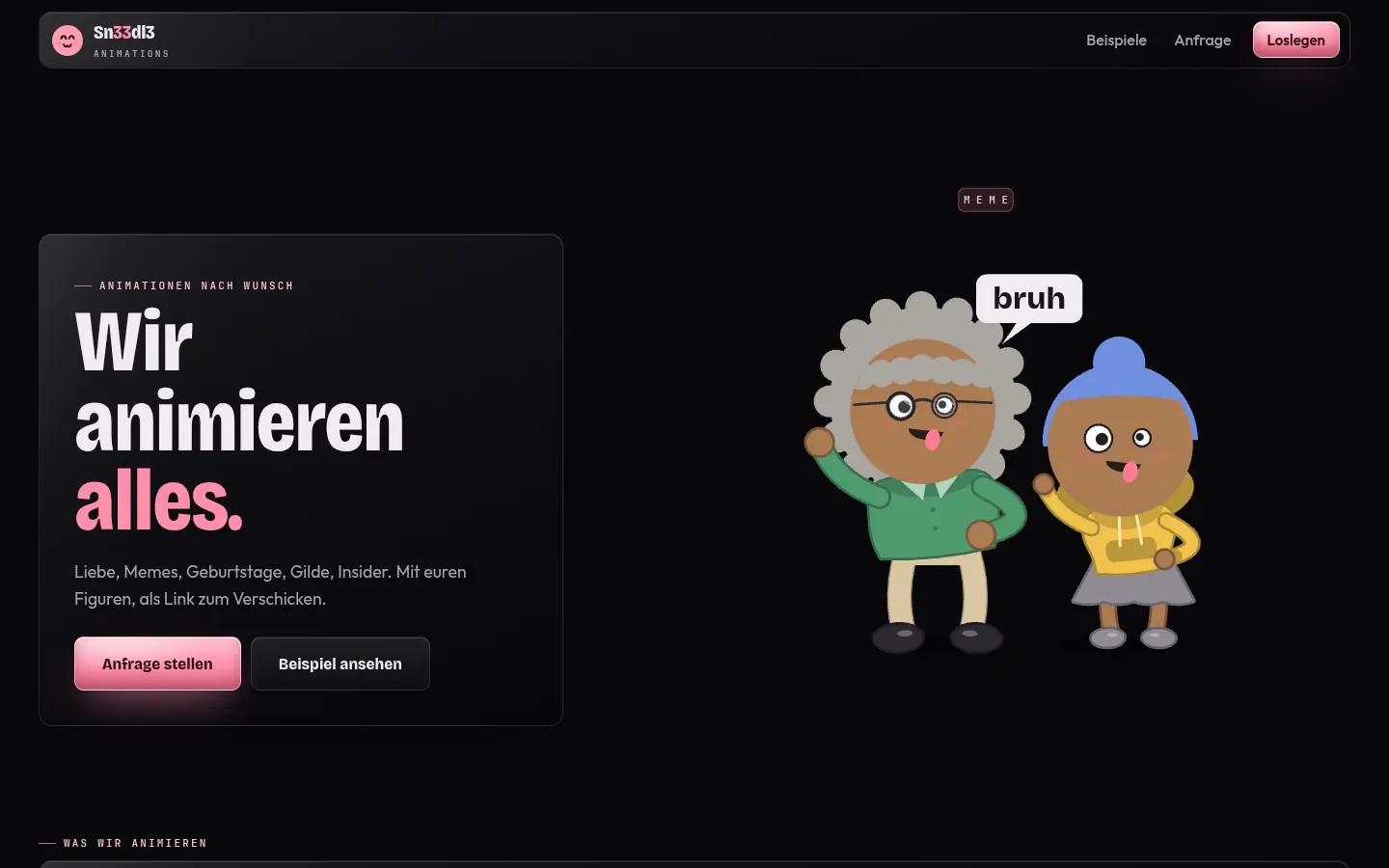 Startseite von Sn33dl3 Animations mit zwei gezeichneten Figuren