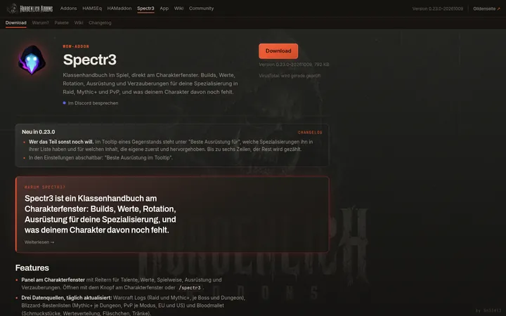 Spectr3 auf der Addon-Seite mit Download und Neuerungen